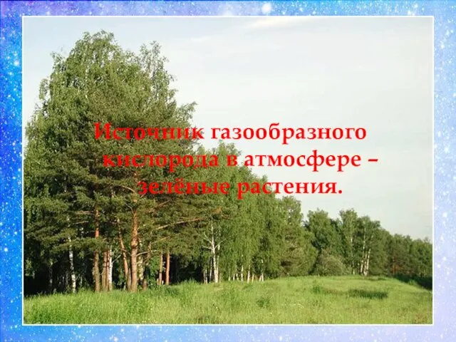 Источник газообразного кислорода в атмосфере – зелёные растения.