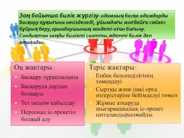 Заң бойынша билік жүргізу- адамның басқа адамдарды басқару құқығына негізделеді,