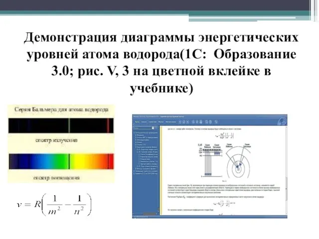 Демонстрация диаграммы энергетических уровней атома водорода(1С: Образование 3.0; рис. V, 3 на цветной вклейке в учебнике)