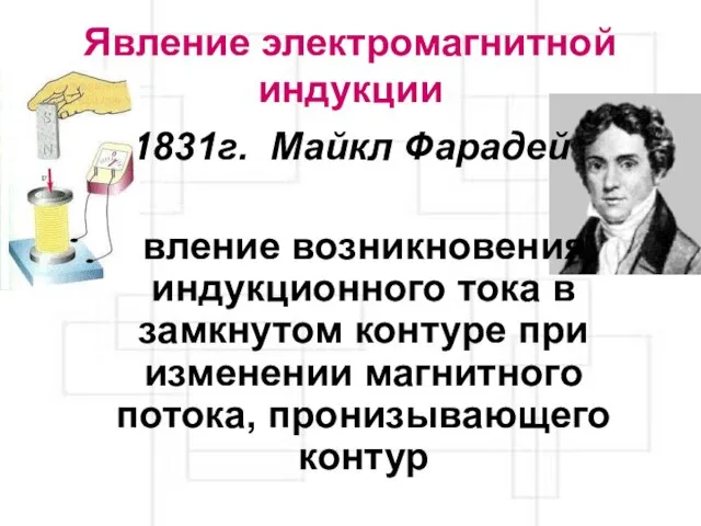 Явление электромагнитной индукции 1831г. Майкл Фарадей Явление возникновения индукционного тока