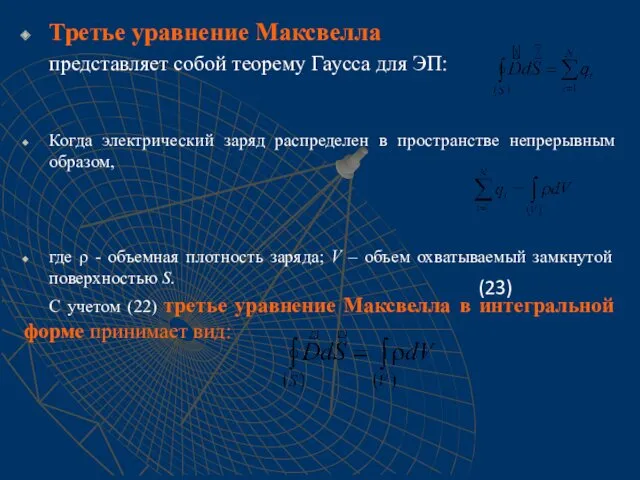 Третье уравнение Максвелла представляет собой теорему Гаусса для ЭП: Когда