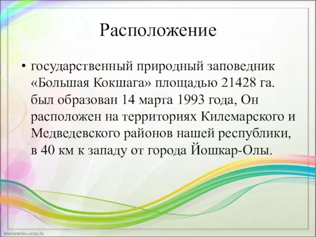 Расположение государственный природный заповедник «Большая Кокшага» площадью 21428 га. был