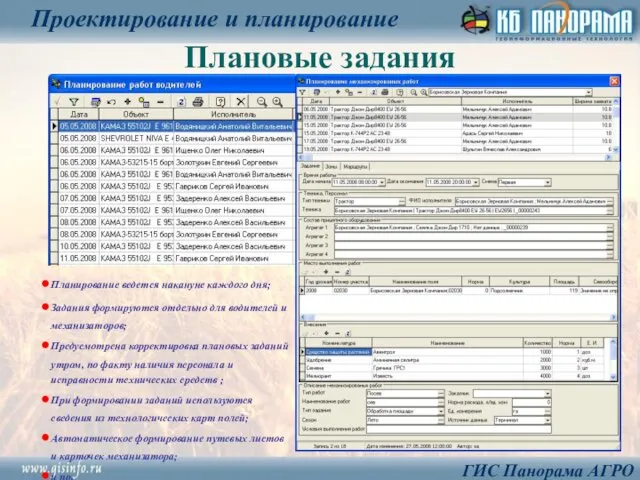 Плановые задания Проектирование и планирование ГИС Панорама АГРО Планирование ведется