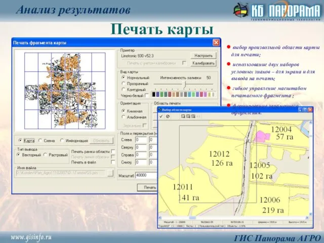 Печать карты Анализ результатов ГИС Панорама АГРО выбор произвольной области