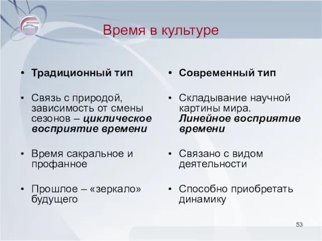 Время в культуре Традиционный тип Связь с природой, зависимость от