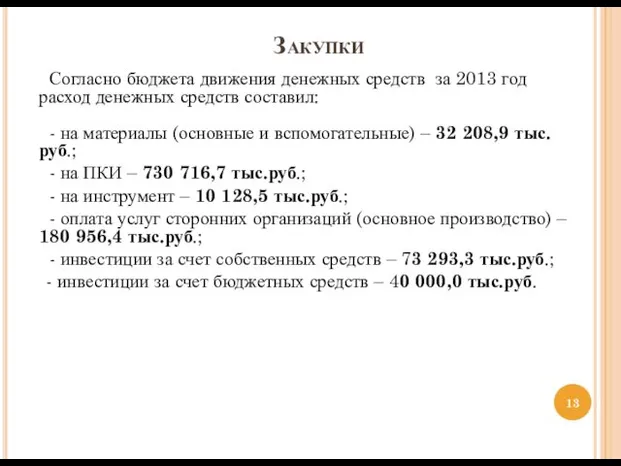 Закупки Согласно бюджета движения денежных средств за 2013 год расход