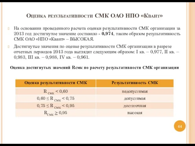 На основании проведенного расчета оценки результативности СМК организации за 2013