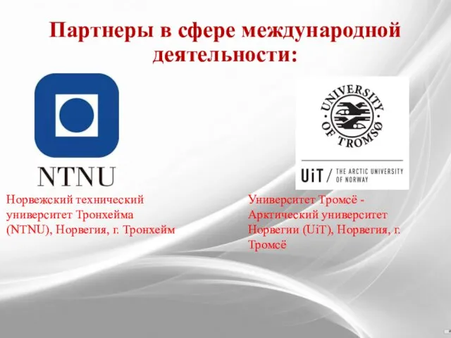 Партнеры в сфере международной деятельности: Норвежский технический университет Тронхейма (NTNU), Норвегия, г. Тронхейм