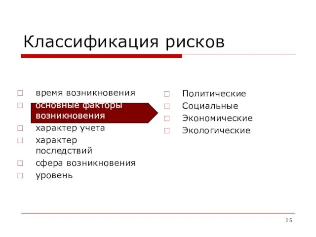 Классификация рисков время возникновения основные факторы возникновения характер учета характер