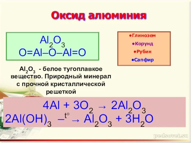 Оксид алюминия Al2O3 O=Al–O–Al=O Глинозем Корунд Рубин Сапфир 4Al + 3O2 → 2Al2O3