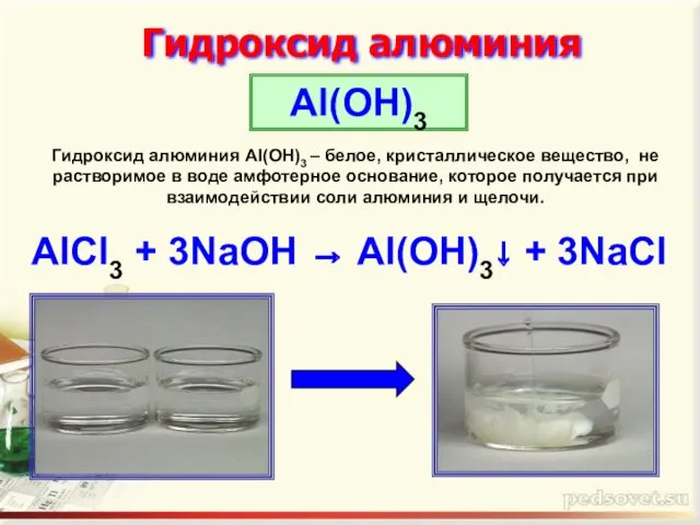 Гидроксид алюминия Al(OH)3 AlCl3 + 3NaOH → Al(OH)3↓ + 3NaCl Гидроксид алюминия Al(OН)3