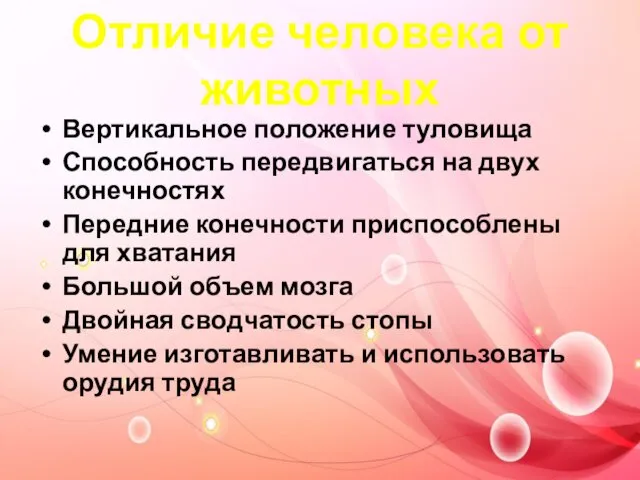 Отличие человека от животных Вертикальное положение туловища Способность передвигаться на