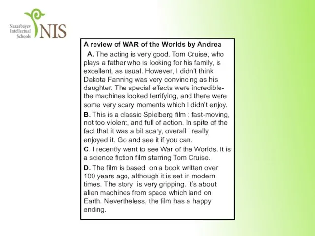 A review of WAR of the Worlds by Andrea A.