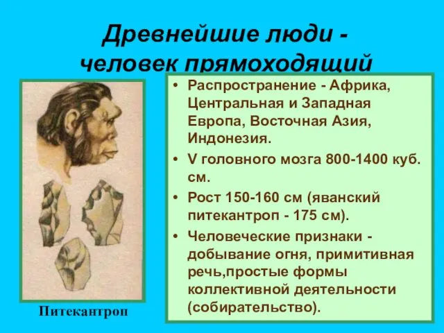 Древнейшие люди - человек прямоходящий Распространение - Африка, Центральная и