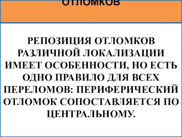 РЕПОЗИЦИЯ ОТЛОМКОВ РАЗЛИЧНОЙ ЛОКАЛИЗАЦИИ ИМЕЕТ ОСОБЕННОСТИ, НО ЕСТЬ ОДНО ПРАВИЛО ДЛЯ ВСЕХ ПЕРЕЛОМОВ: