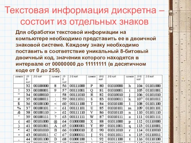 Текстовая информация дискретна – состоит из отдельных знаков Для обработки