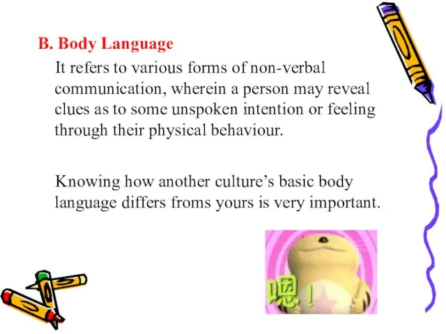 B. Body Language It refers to various forms of non-verbal