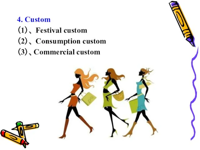 4. Custom （1）、 Festival custom （2）、 Consumption custom （3）、Commercial custom