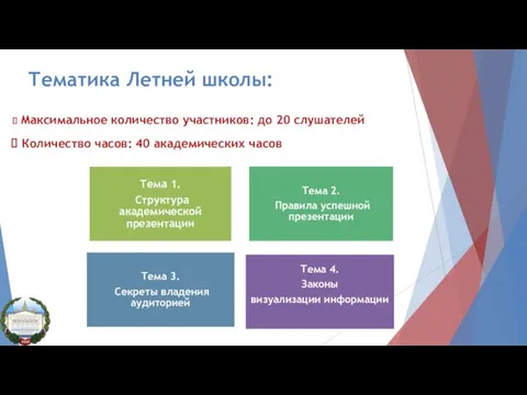 Тематика Летней школы: Максимальное количество участников: до 20 слушателей Количество часов: 40 академических часов