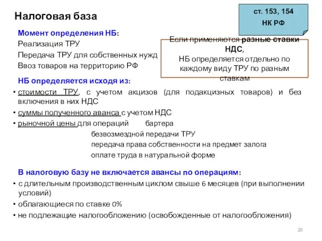 Налоговая база ст. 153, 154 НК РФ Момент определения НБ: