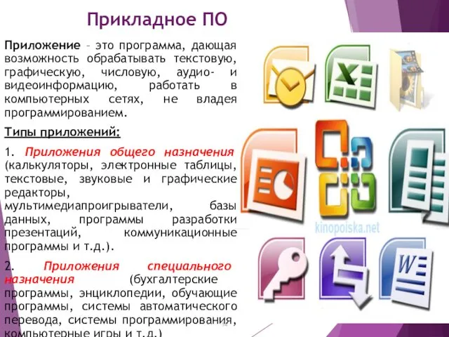 Прикладное ПО Приложение – это программа, дающая возможность обрабатывать текстовую,