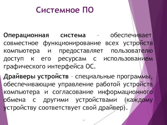 Системное ПО Операционная система – обеспечивает совместное функционирование всех устройств