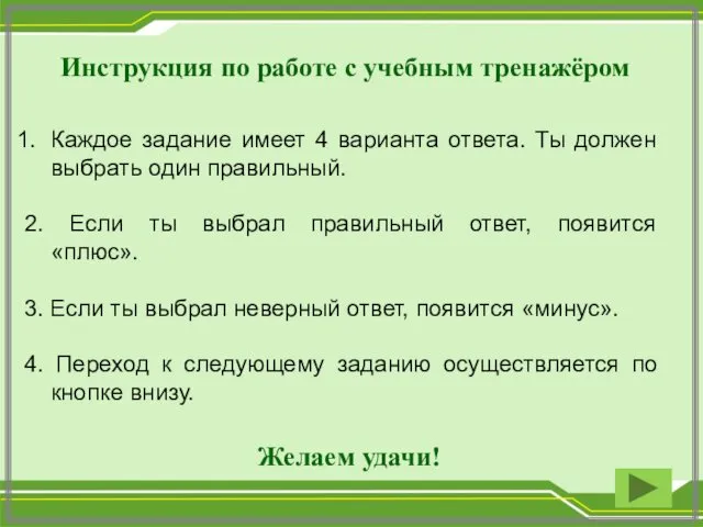 Инструкция по работе с учебным тренажёром Каждое задание имеет 4