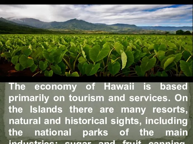 The economy of Hawaii is based primarily on tourism and