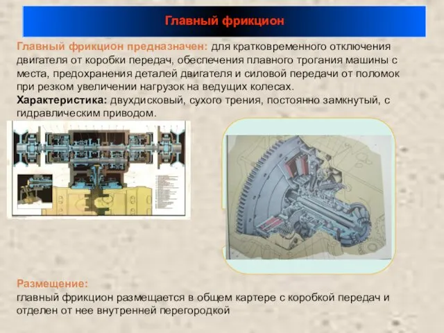 Главный фрикцион Размещение: главный фрикцион размещается в общем картере с