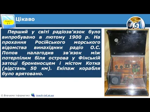 Цікаво Розділ 1 § 2 Перший у світі радіозв'язок було