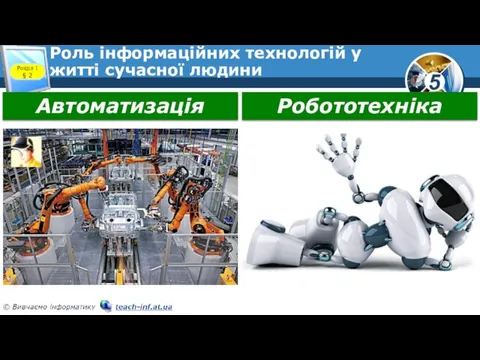 Роль інформаційних технологій у житті сучасної людини Розділ 1 § 2 Автоматизація Робототехніка