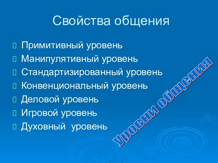 Свойства общения Примитивный уровень Манипулятивный уровень Стандартизированный уровень Конвенциональный уровень