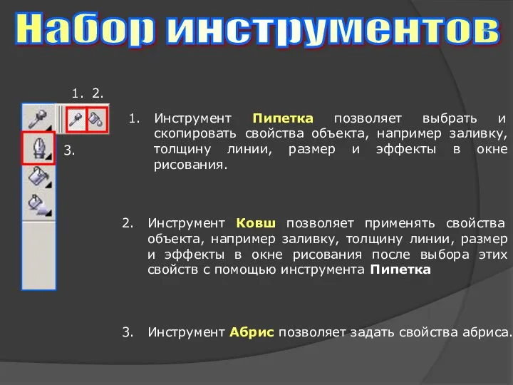 Набор инструментов Инструмент Пипетка позволяет выбрать и скопировать свойства объекта,