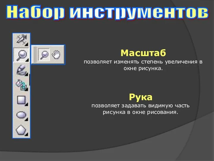 Набор инструментов Масштаб позволяет изменять степень увеличения в окне рисунка.