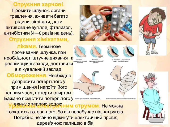 Отруєння харчові. Промити шлунок, органи травлення, вживати багато рідини, зігрівати,