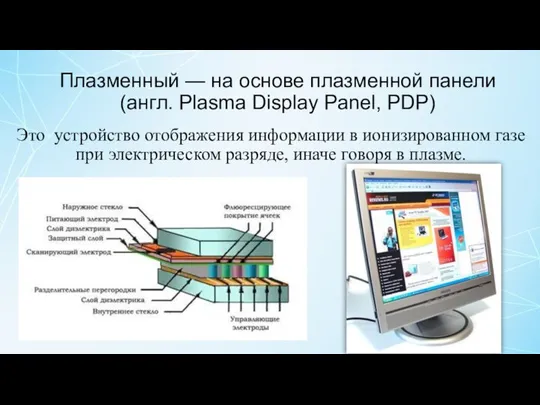 Плазменный — на основе плазменной панели (англ. Plasma Display Panel, PDP) Это устройство