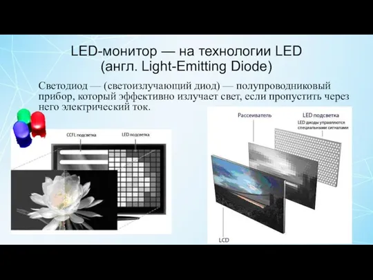 LED-монитор — на технологии LED (англ. Light-Emitting Diode) Светодиод — (светоизлучающий диод) —