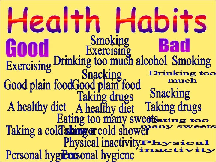 Smoking Exercising Drinking too much alcohol Snacking Good plain food