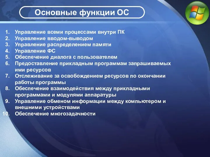 Основные функции ОС Управление всеми процессами внутри ПК Управление вводом-выводом