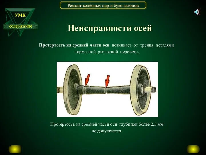 Неисправности осей Протертость на средней части оси глубиной более 2,5 мм не допускается.