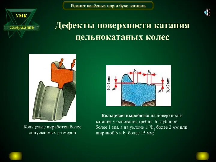 Кольцевые выработки более допускаемых размеров Кольцевая выработка на поверхности катания у основания гребня