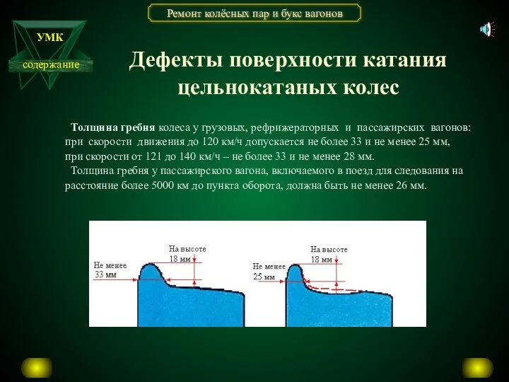 Толщина гребня колеса у грузовых, рефрижераторных и пассажирских вагонов: при скорости движения до