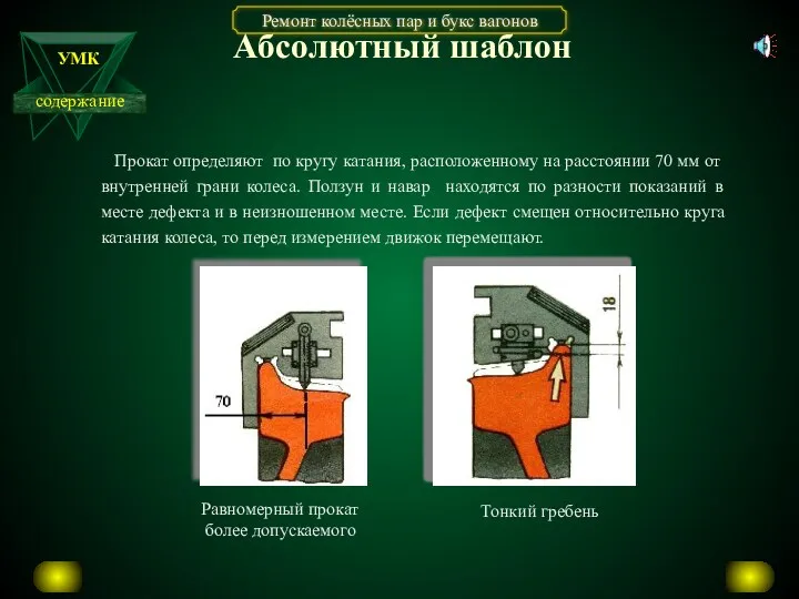 Абсолютный шаблон Прокат определяют по кругу катания, расположенному на расстоянии 70 мм от