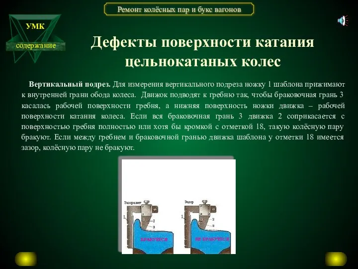 Вертикальный подрез. Для измерения вертикального подреза ножку 1 шаблона прижимают к внутренней грани