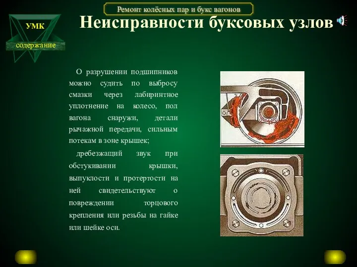 Неисправности буксовых узлов О разрушении подшипников можно судить по выбросу смазки через лабиринтное