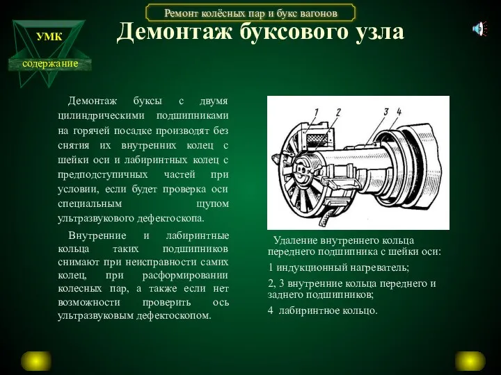 Демонтаж буксового узла Демонтаж буксы с двумя цилиндрическими подшипниками на горячей посадке производят