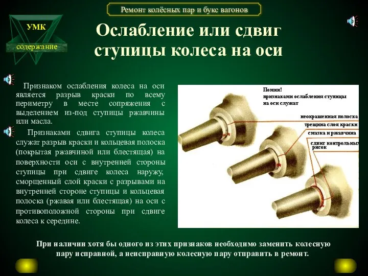 Ослабление или сдвиг ступицы колеса на оси Признаком ослабления колеса на оси является