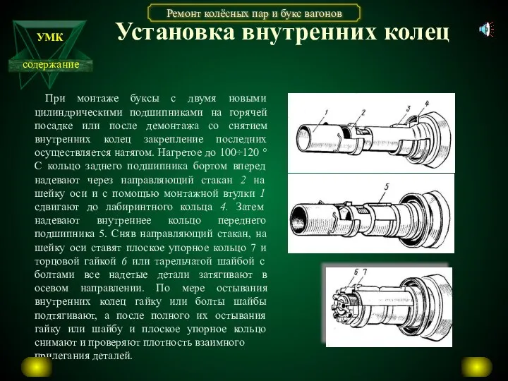 Установка внутренних колец При монтаже буксы с двумя новыми цилиндрическими подшипниками на горячей