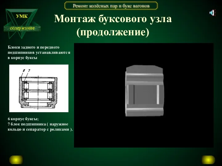 Монтаж буксового узла (продолжение) Блоки заднего и переднего подшипников устанавливаются в корпус буксы