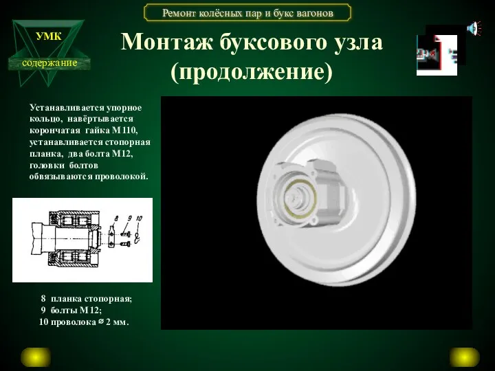 Монтаж буксового узла (продолжение) Устанавливается упорное кольцо, навёртывается корончатая гайка М110, устанавливается стопорная